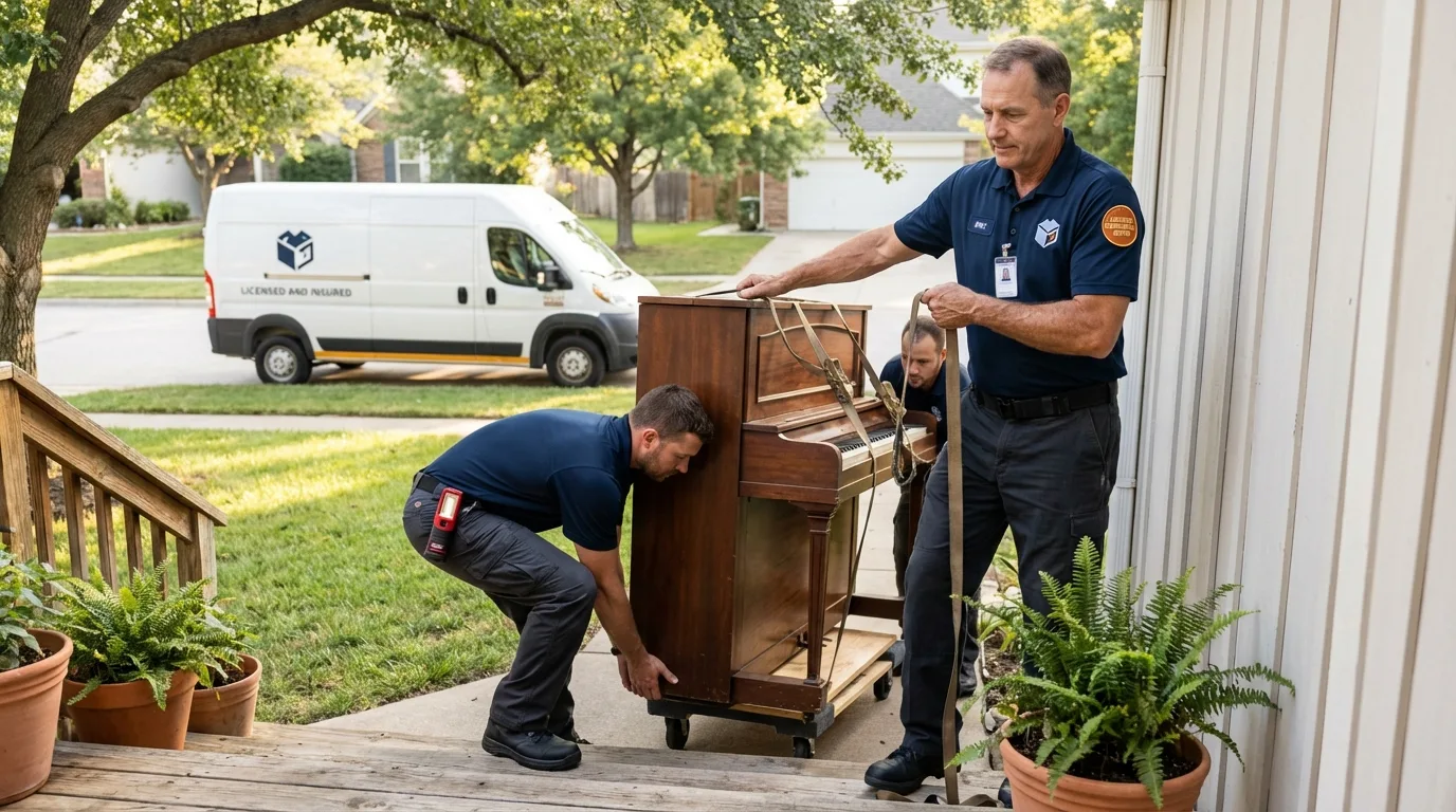 Licensed piano movers securing grand piano in Alto, GA